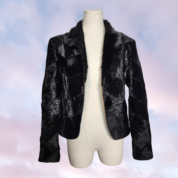 Vtg 90s Y2K Black Fur Leather Patchwork Collared Fuzzy Goth Vampy Jacket Sz M - Picture 2 of 9